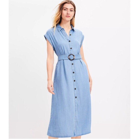 LOFT Petite Women Chambray Midi Pocket Shirtdress Size 14 Casual Modest - Picture 1 of 9